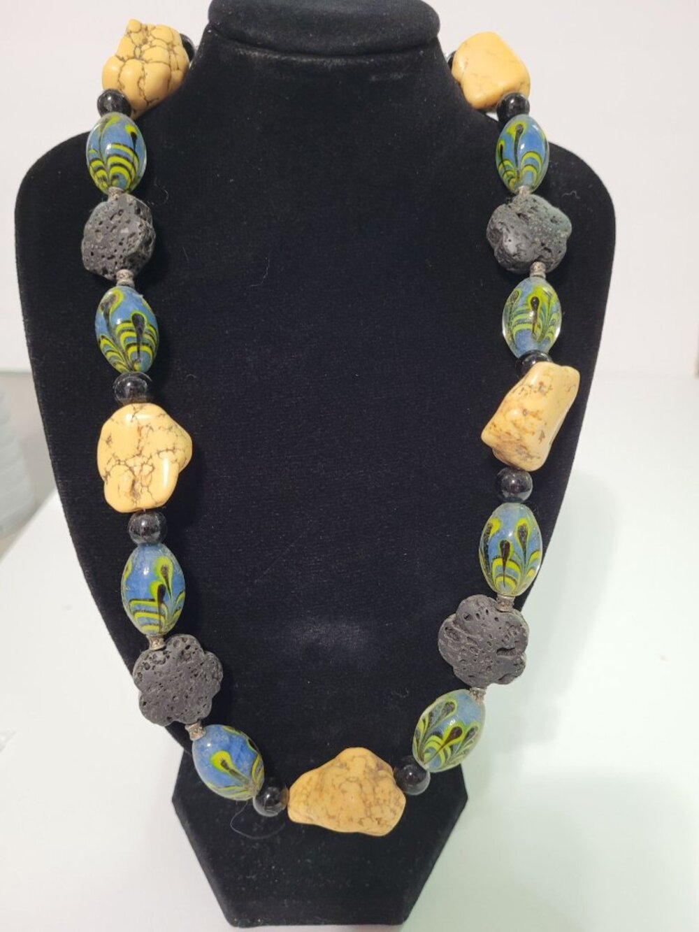 Handmade Statement Necklace With Yellow Howlite Black Lava Stone & Blue Glass Be